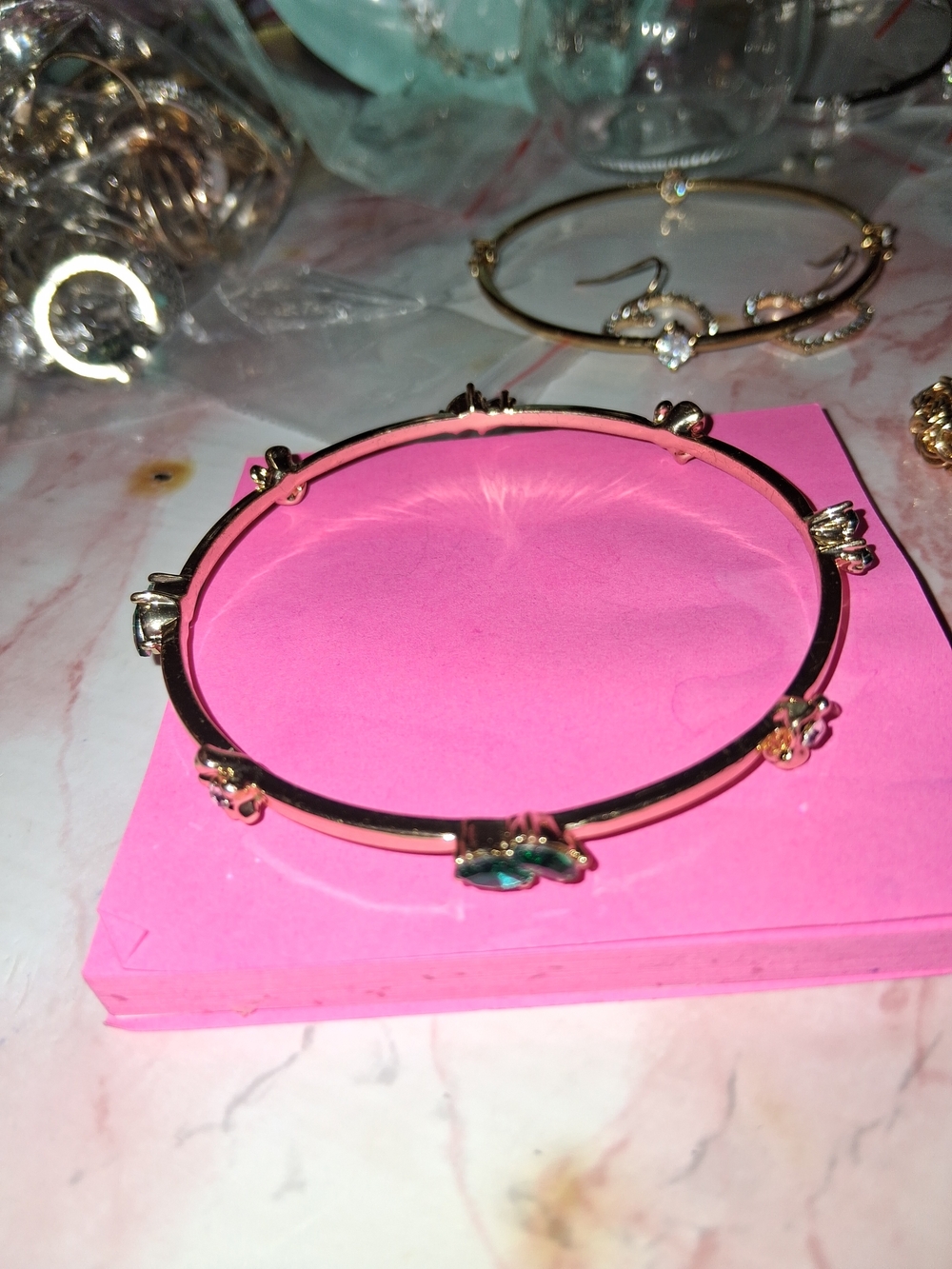 Source Unknown Gold-Tone Floral Bangle with Pink and Green Accents